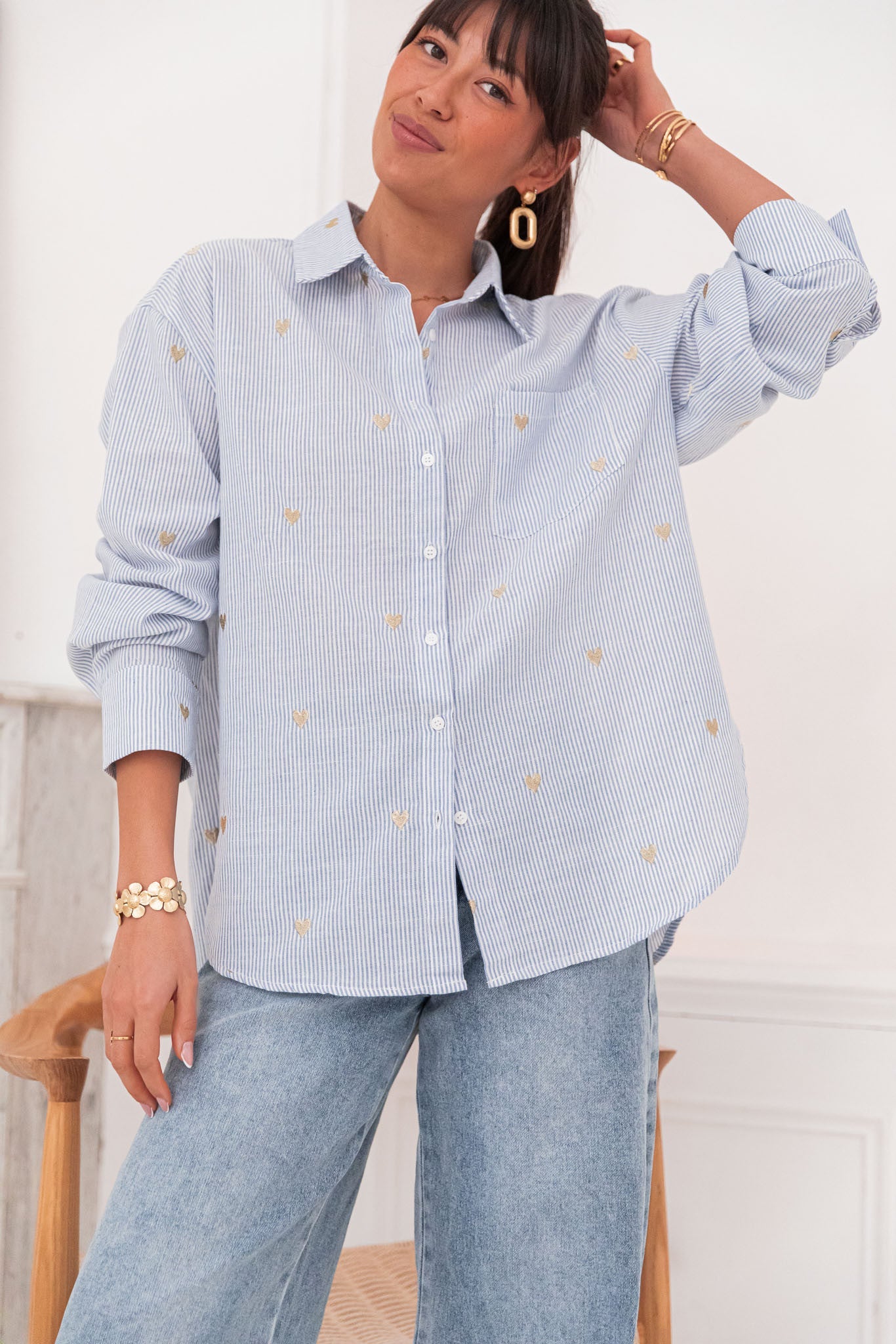 ELLIE Bleue/Dorée - Chemise Coeurs