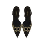 Elora Black High-Heel Slingback Pump featuring chic metallic detailing and a classic silhouette for day and evening wear.