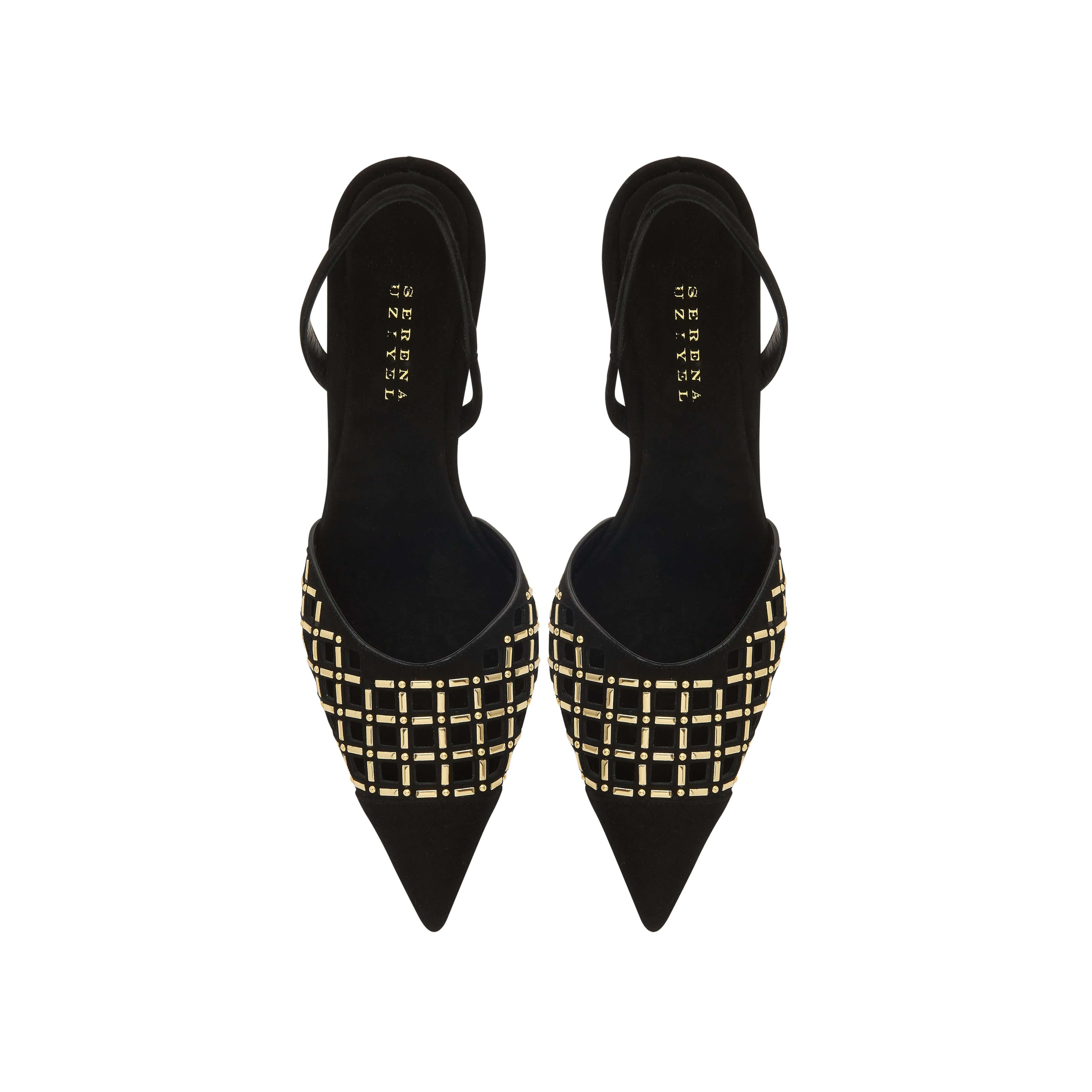 Elora Black High-Heel Slingback Pump featuring chic metallic detailing and a classic silhouette for day and evening wear.