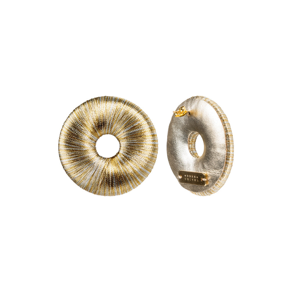 Boho Gold Silver Earring showcasing intricate metallic threads in a refined circular silhouette with subtle shine.