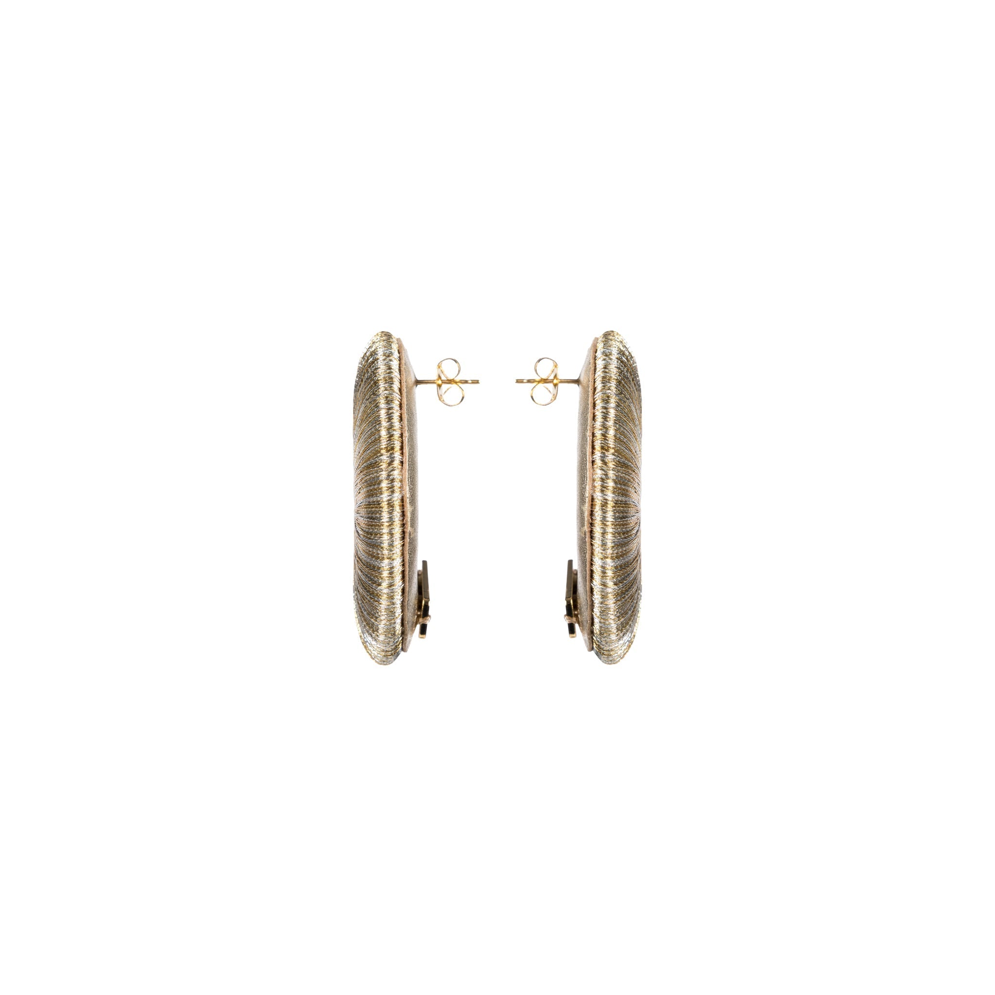 Close-up view of Boho Gold Silver Earring showcasing intricate hand-wrapped metallic threads in circular design.