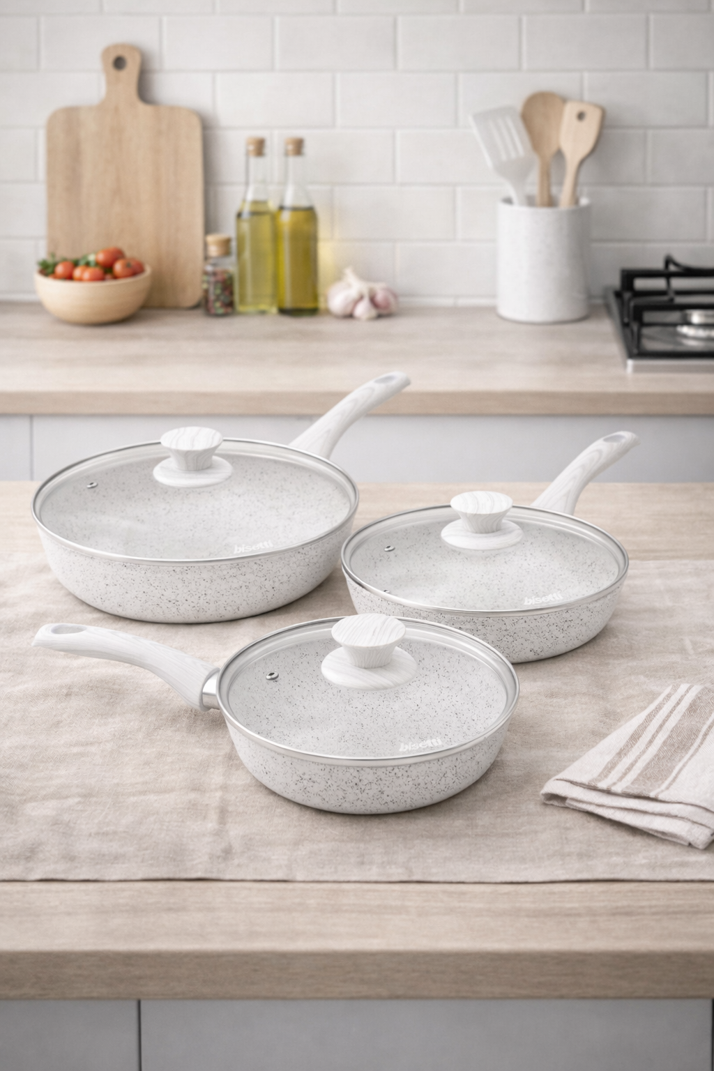 Ensemble De 6 Pièces, Goupille À Frire Ø 20, 24, 28 Cm. Avec Des Poignées En Bois Blanc « Stonewhite »