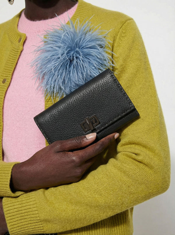 Portefeuille Fendi Selleria Cuir Grainé Gris Anthracite Unisexe