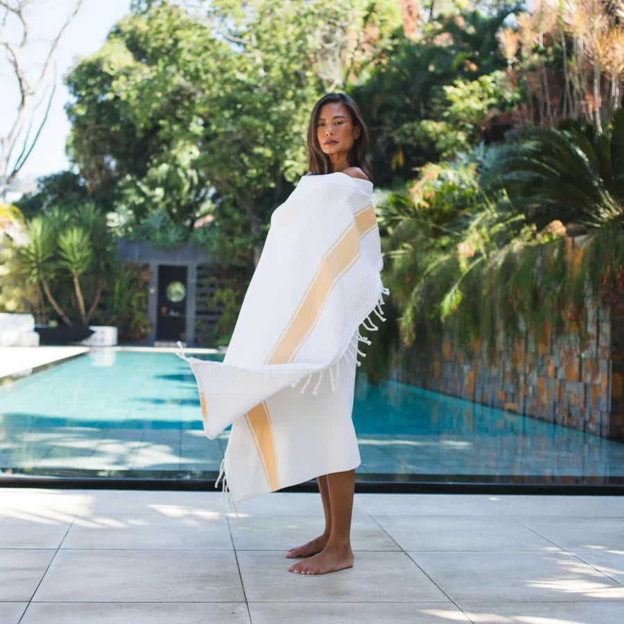 Fouta Doublée Éponge - Blanc/Jaune Moutarde