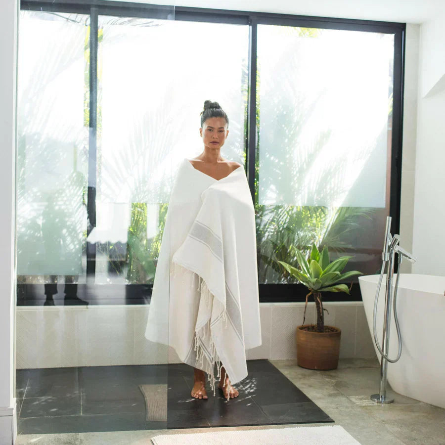 Fouta Doublée Éponge - Blanc/Gris Clair