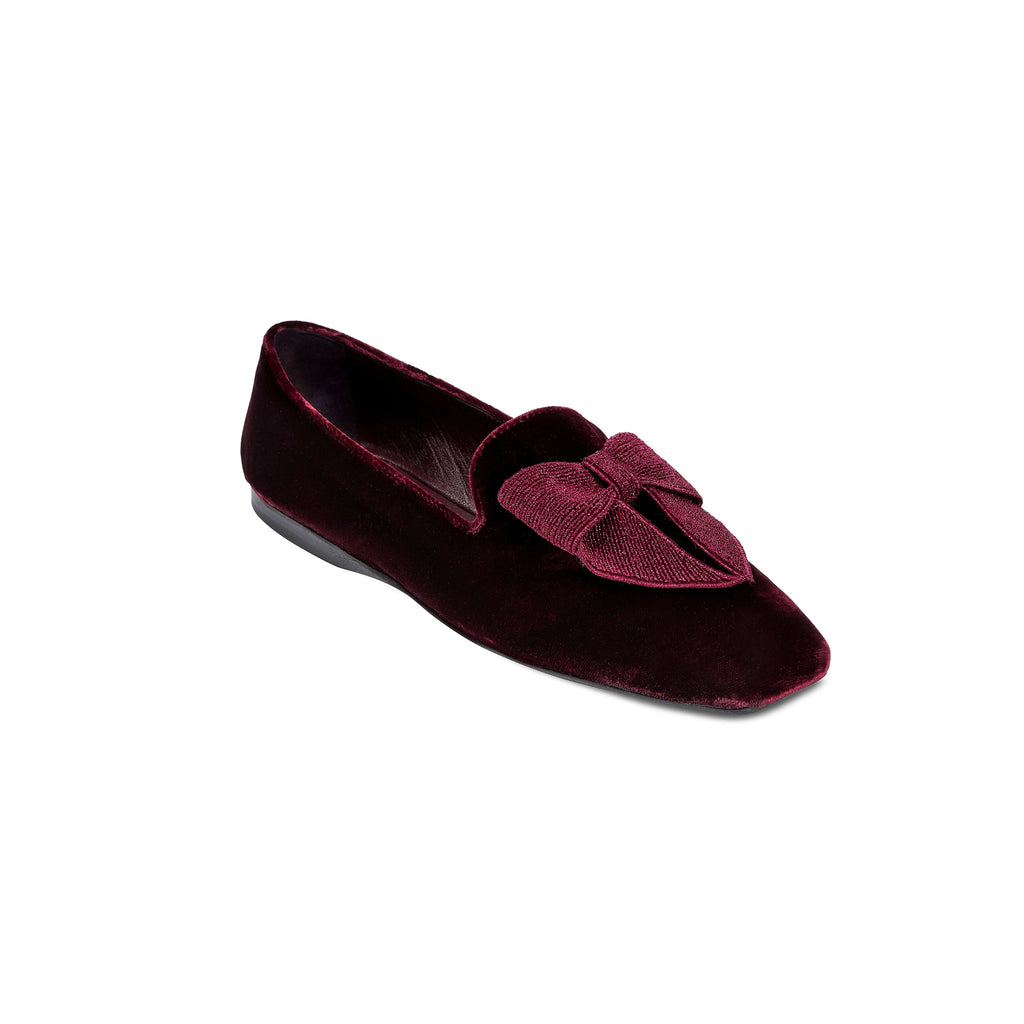 Fiocco Burgundy Flat Moccasin with metallic embroidered bow, made of velvet, a stylish addition for fall.