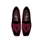 Fiocco burgundy flat moccasin with metallic embroidered bow, handcrafted for comfort and chic fall style.