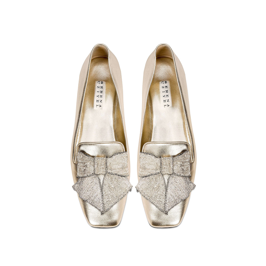 Fiocco Sahara Flat Moccasin featuring metallic leather and embroidered bow, a chic accessory for Fall.