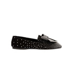 Fiocco Studs Flat Moccasin in black suede with crystal studs and a bow, perfect for chic winter styling.