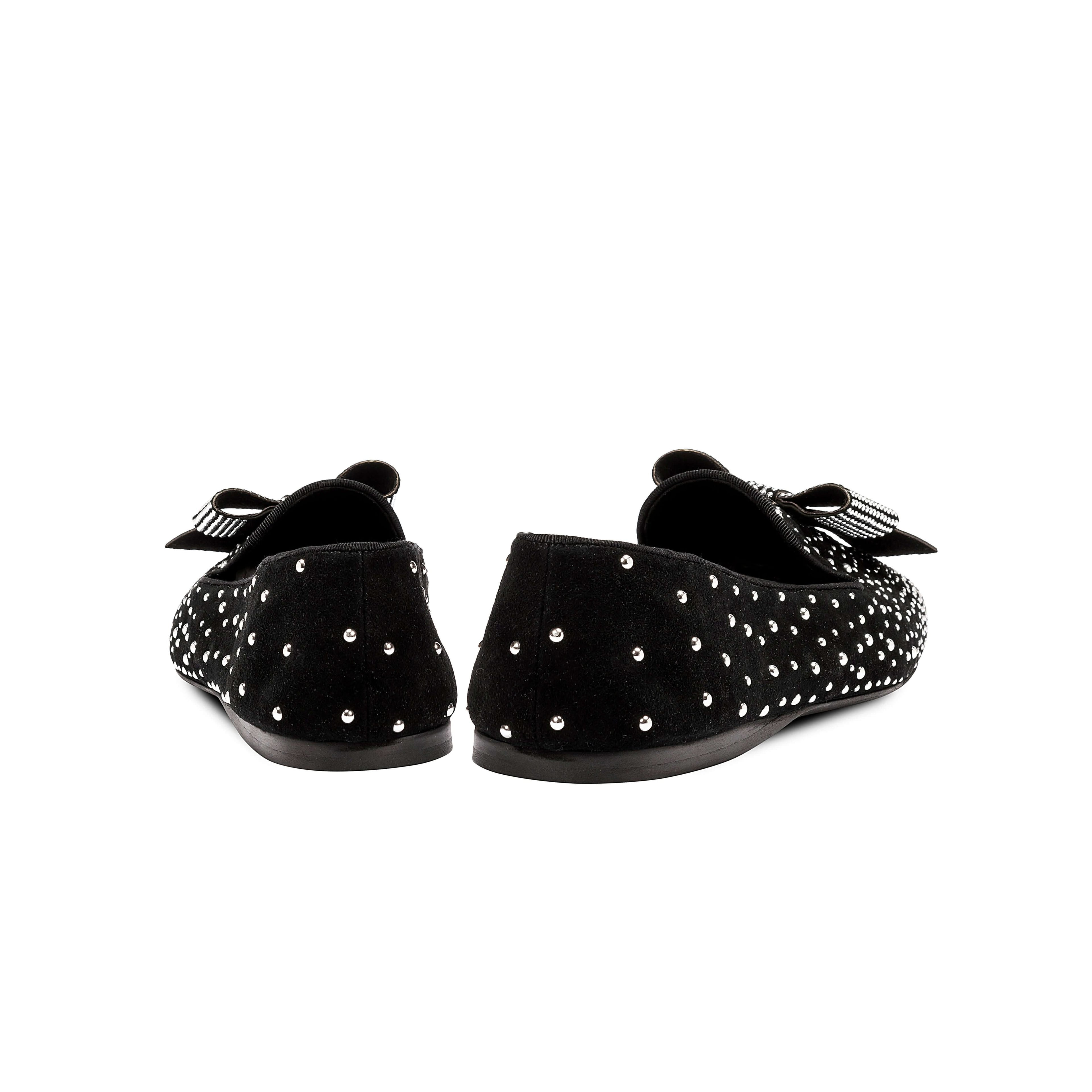 Rear view of Fiocco Studs Flat Moccasin in black suede, adorned with sparkling crystal studs and a studded bow.