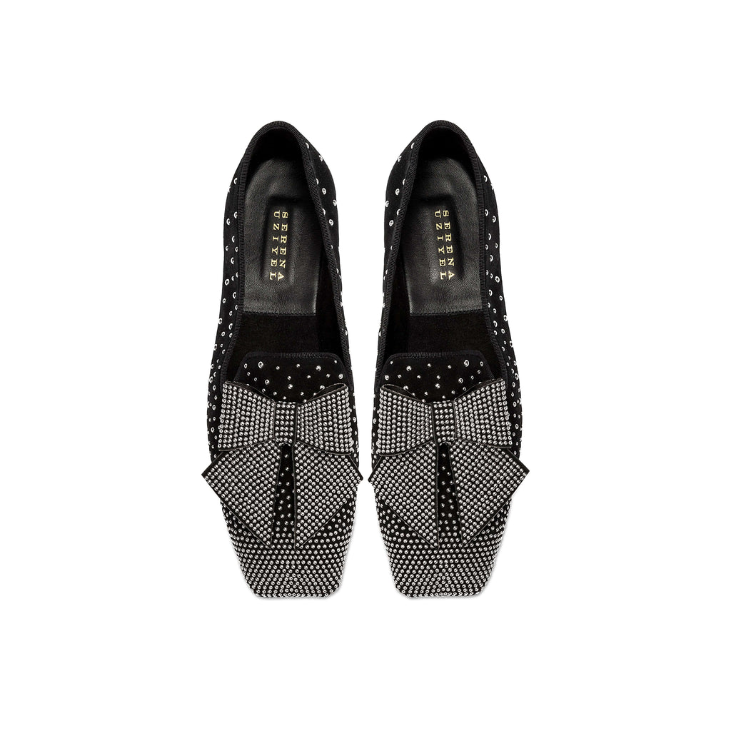 Fiocco Studs Flat Moccasin in black suede with crystal studs and a studded bow, ideal for chic winter styling.