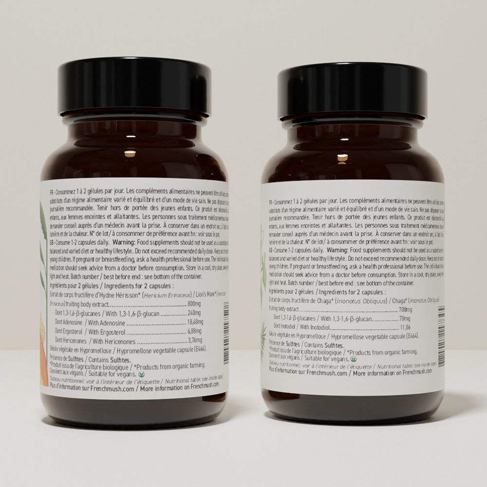 French Mush compléments alimentaires à base d'extraits de champignons médicinaux biologiques fabriqués en France Le Pack Focus et Immunité Gélules Bio - gélules -