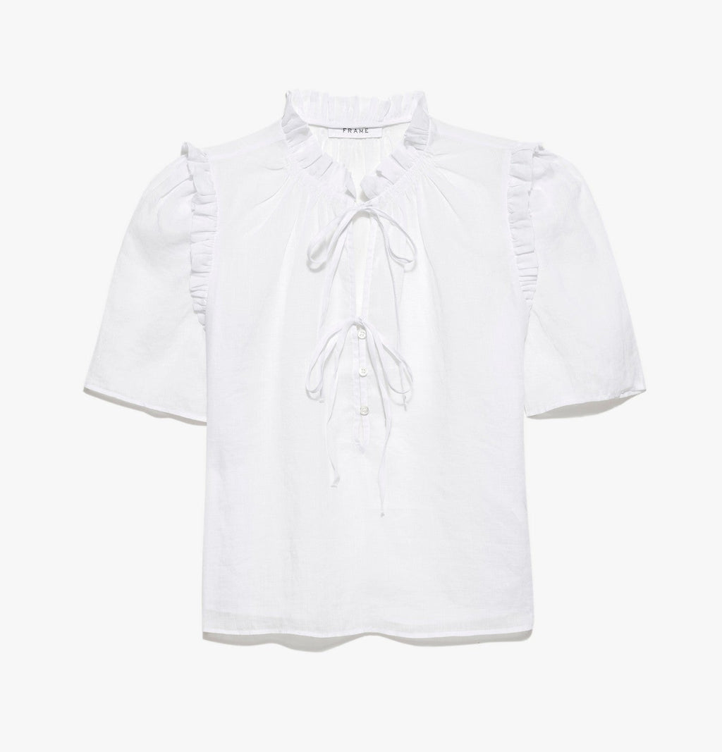 Top Tie Neck Ruffle Popover - Blanc