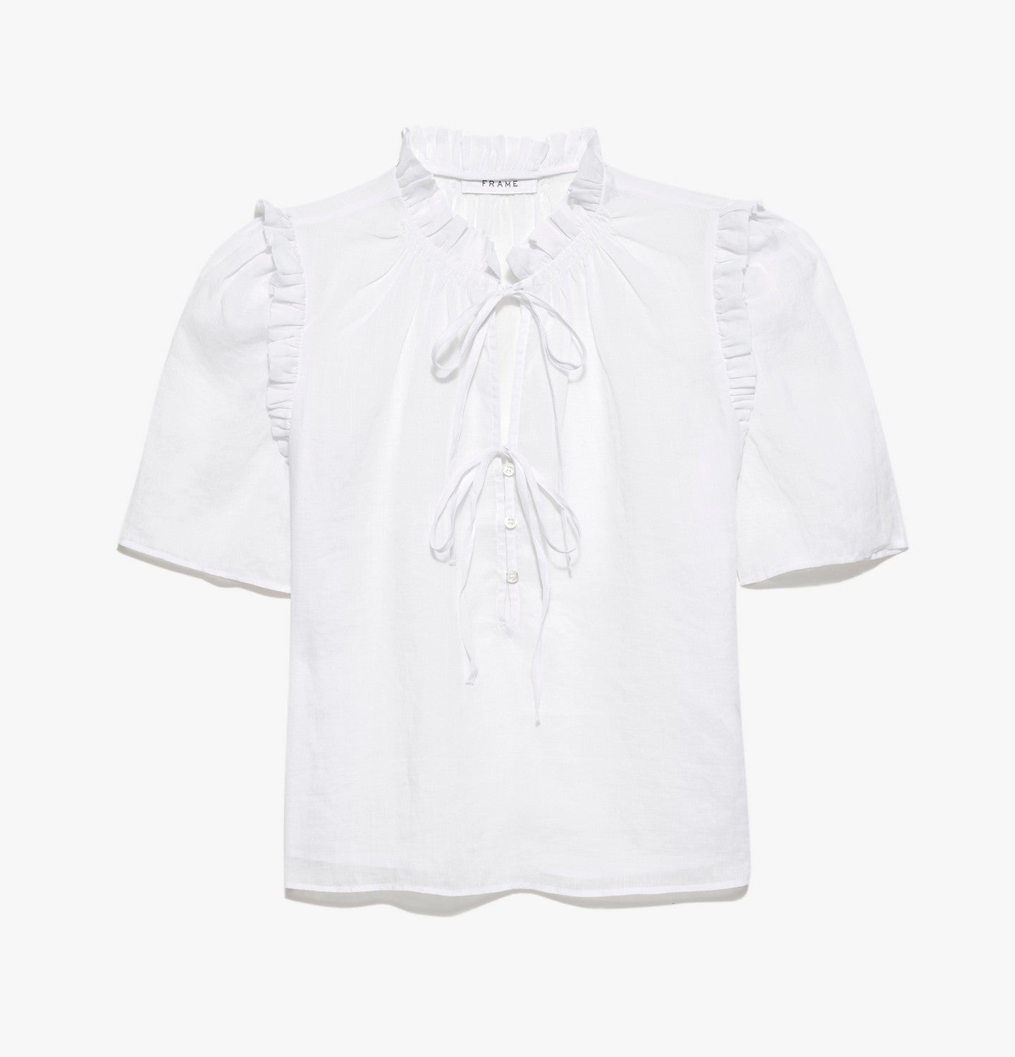 Top Tie Neck Ruffle Popover - Blanc