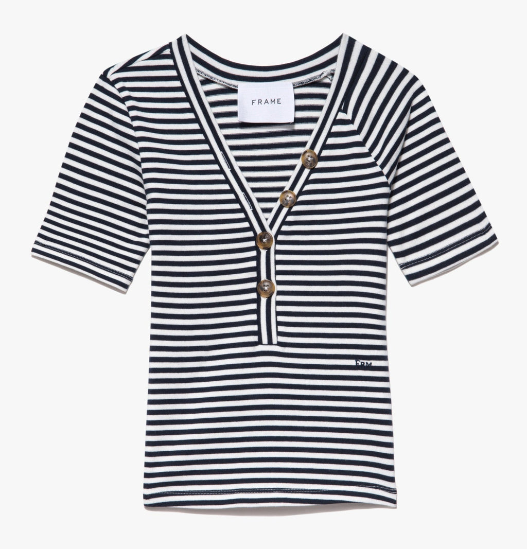 Top Button Up Ss Henley - Navy Multi