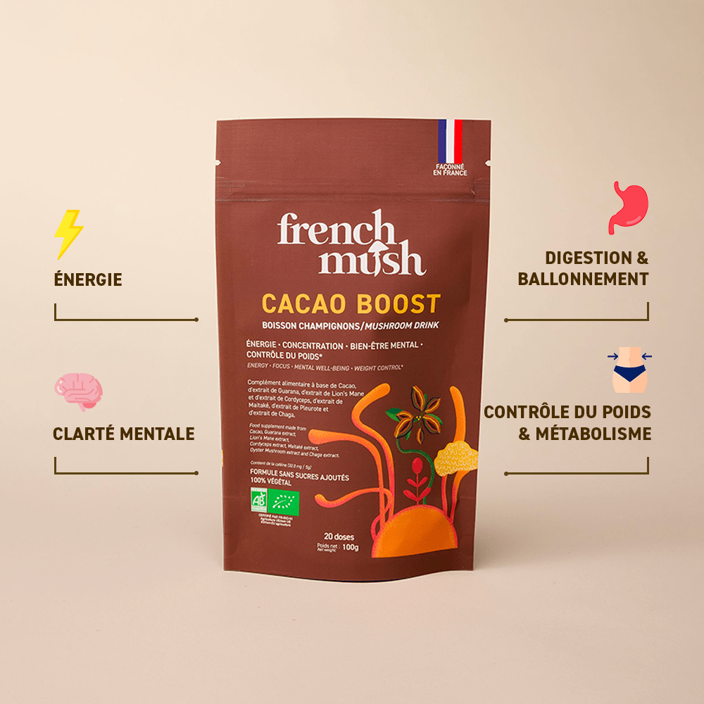 French Mush compléments alimentaires à base d'extraits de champignons médicinaux biologiques fabriqués en France Boisson Boost Bio · Cacao - boisson -