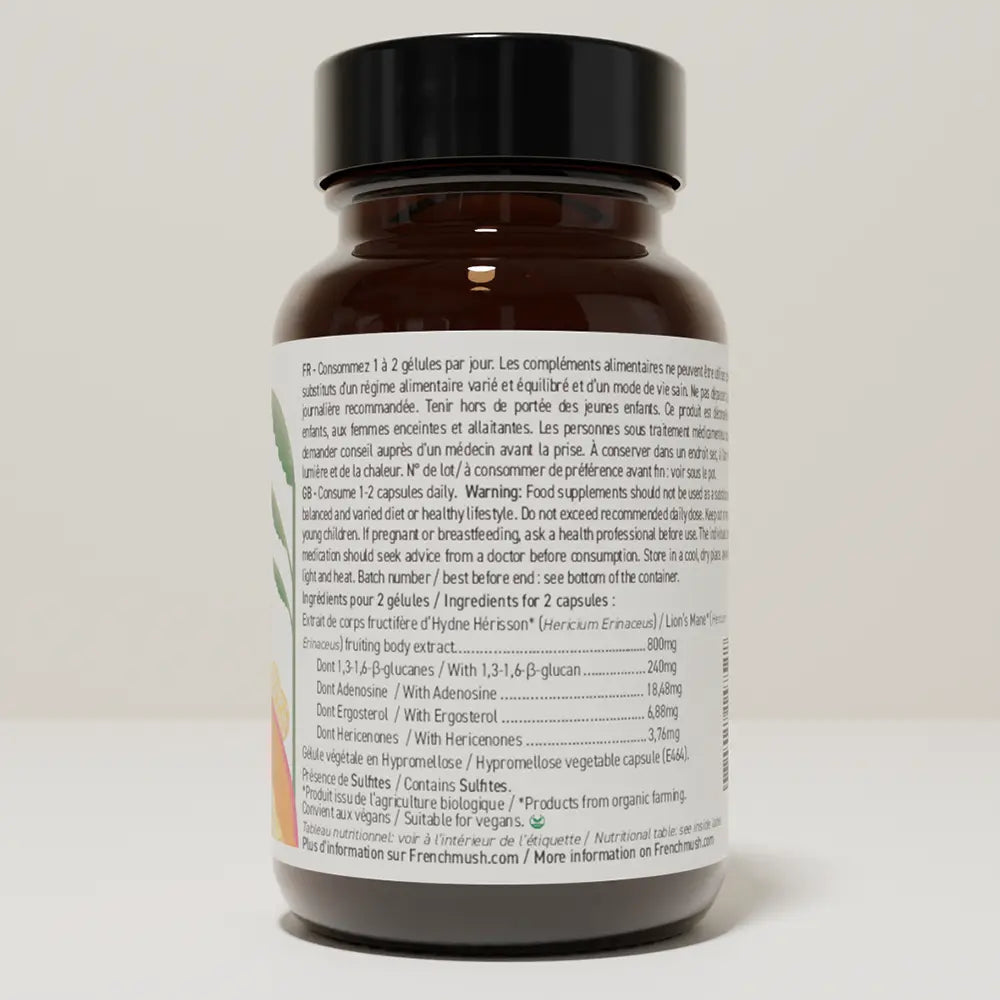 French Mush compléments alimentaires à base d'extraits de champignons médicinaux biologiques fabriqués en France Le Lion’s Mane - Concentration - gélules Bio - gélules -