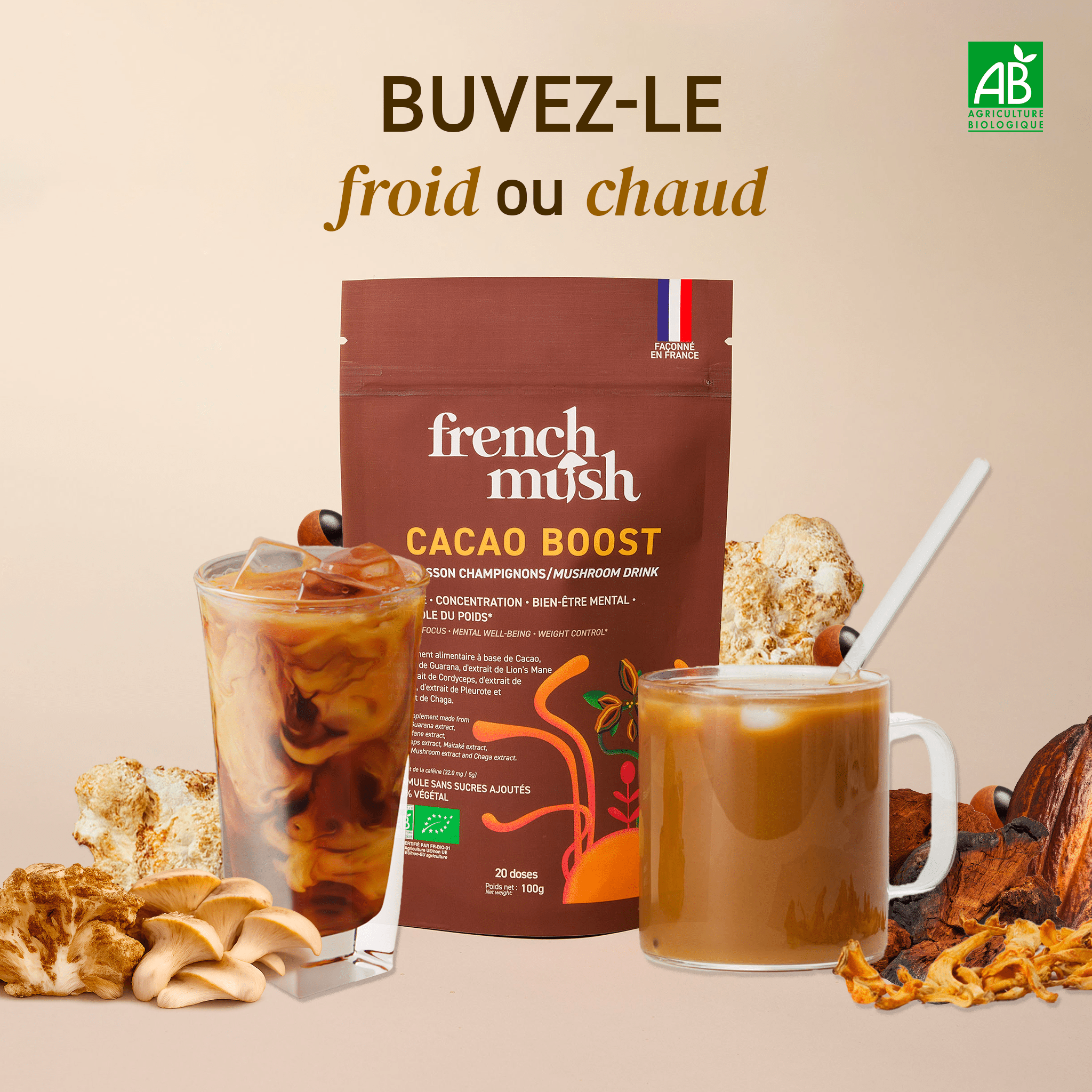 French Mush compléments alimentaires à base d'extraits de champignons médicinaux biologiques fabriqués en France Pack Boost Chicorée & Cacao - boisson -