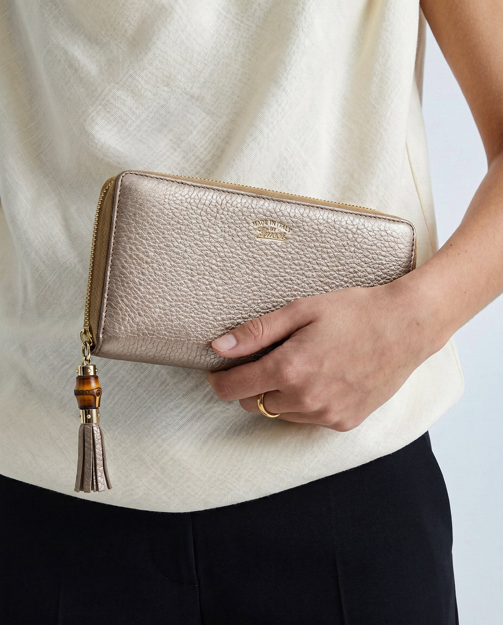 Portefeuille Gucci Cuir Grainé Doré Bamboo Zippy