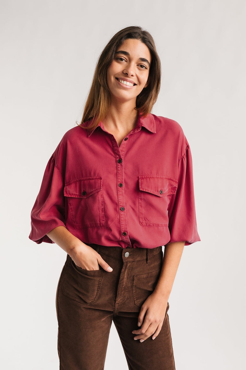 meta-preview, lantern sleeve TENCEL™ fuchsia shirt