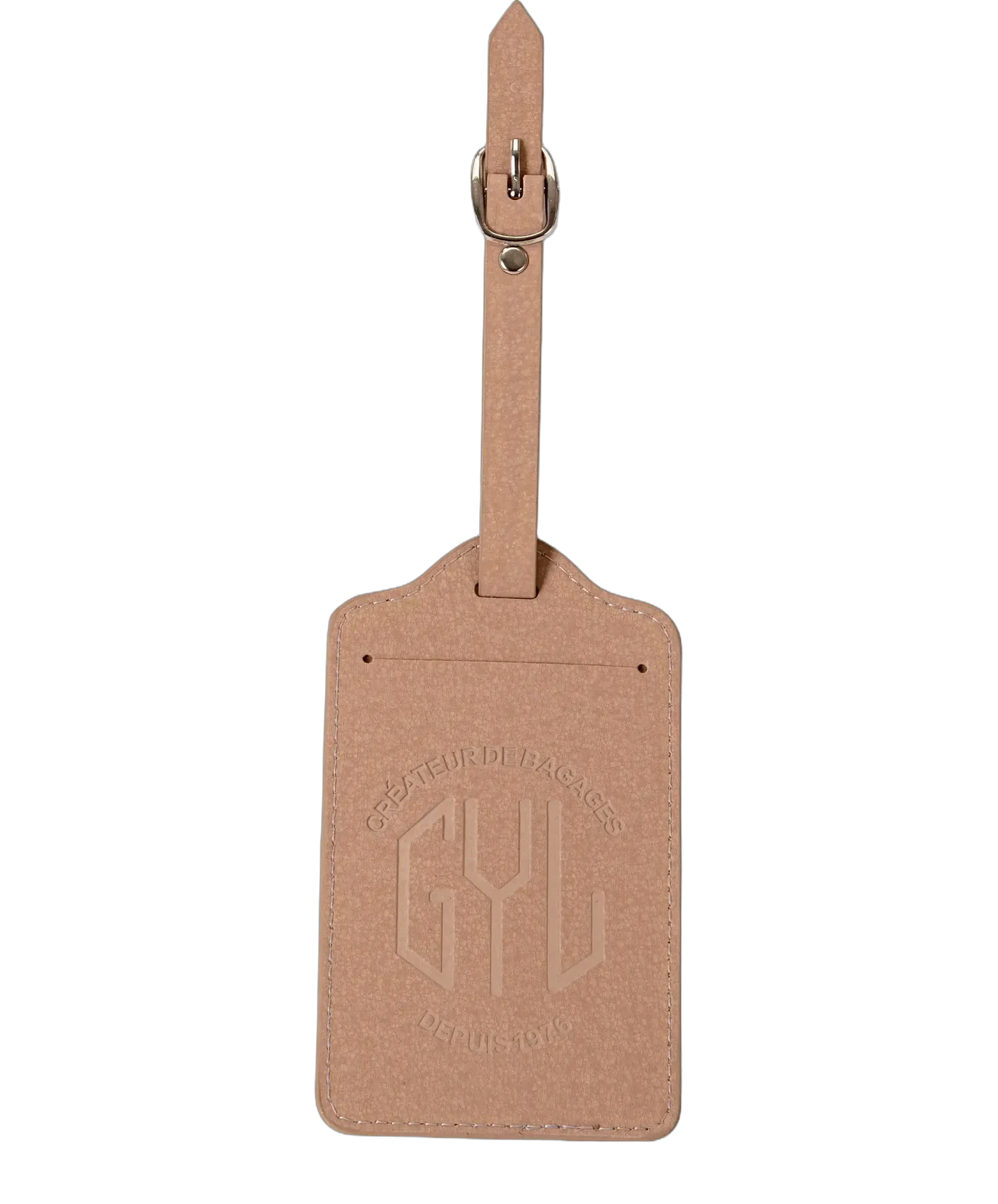 Etiquette a bagages GYL champagne vue face avec logo Createur de Bagages fond transparent