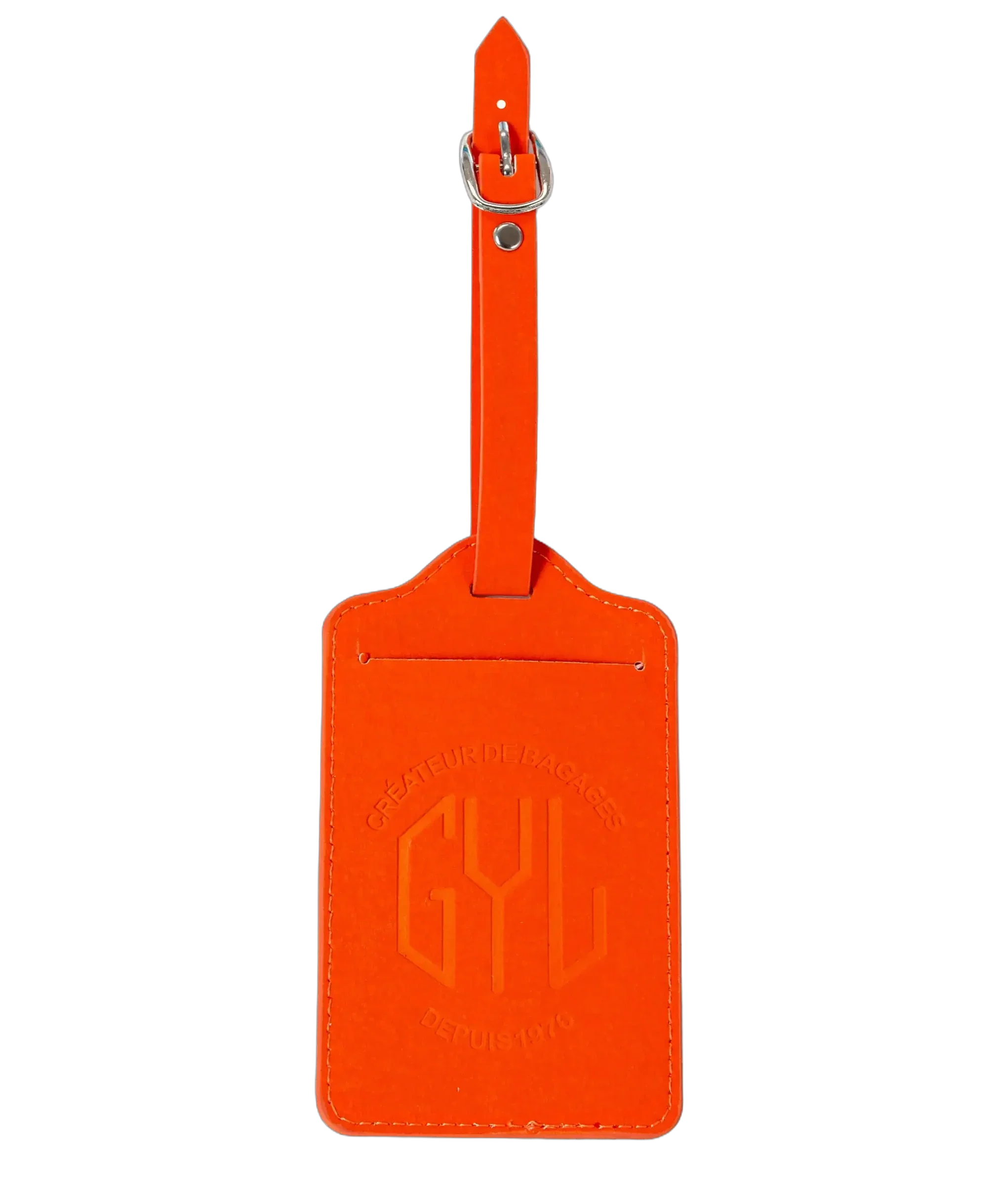 Etiquette a bagages GYL orange vue face avec logo Createur de Bagages fond transparent