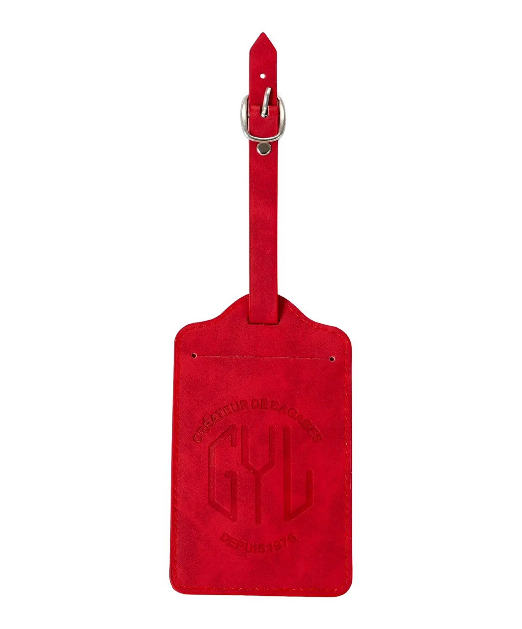 Etiquette a bagages GYL rouge vue face logo fond transparent