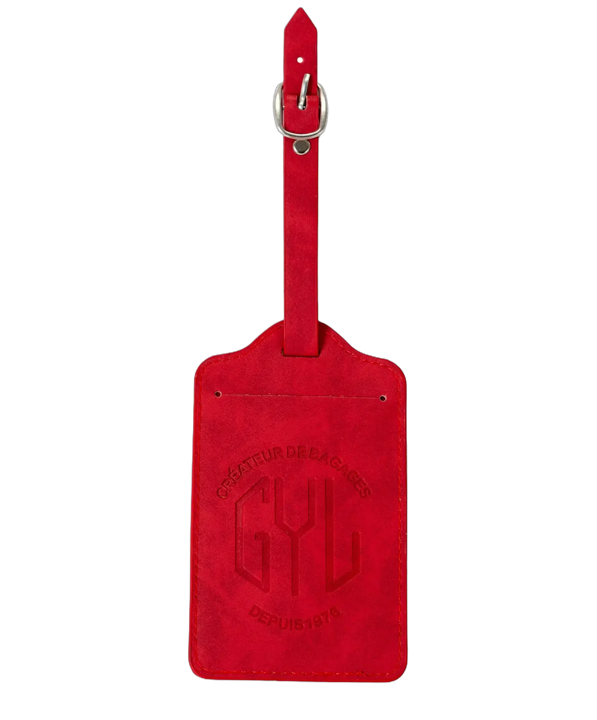 Etiquette a bagages GYL rouge vue face avec logo Createur de Bagages fond transparent