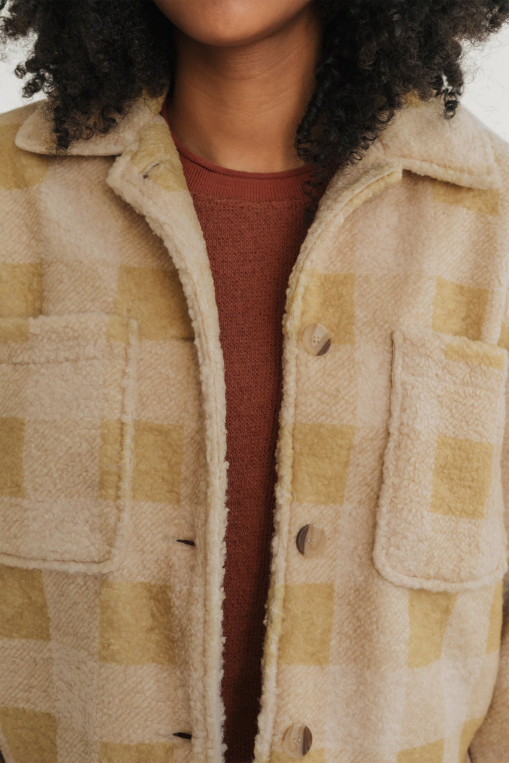 mustard chequered warm jacket with recycled paper buttons