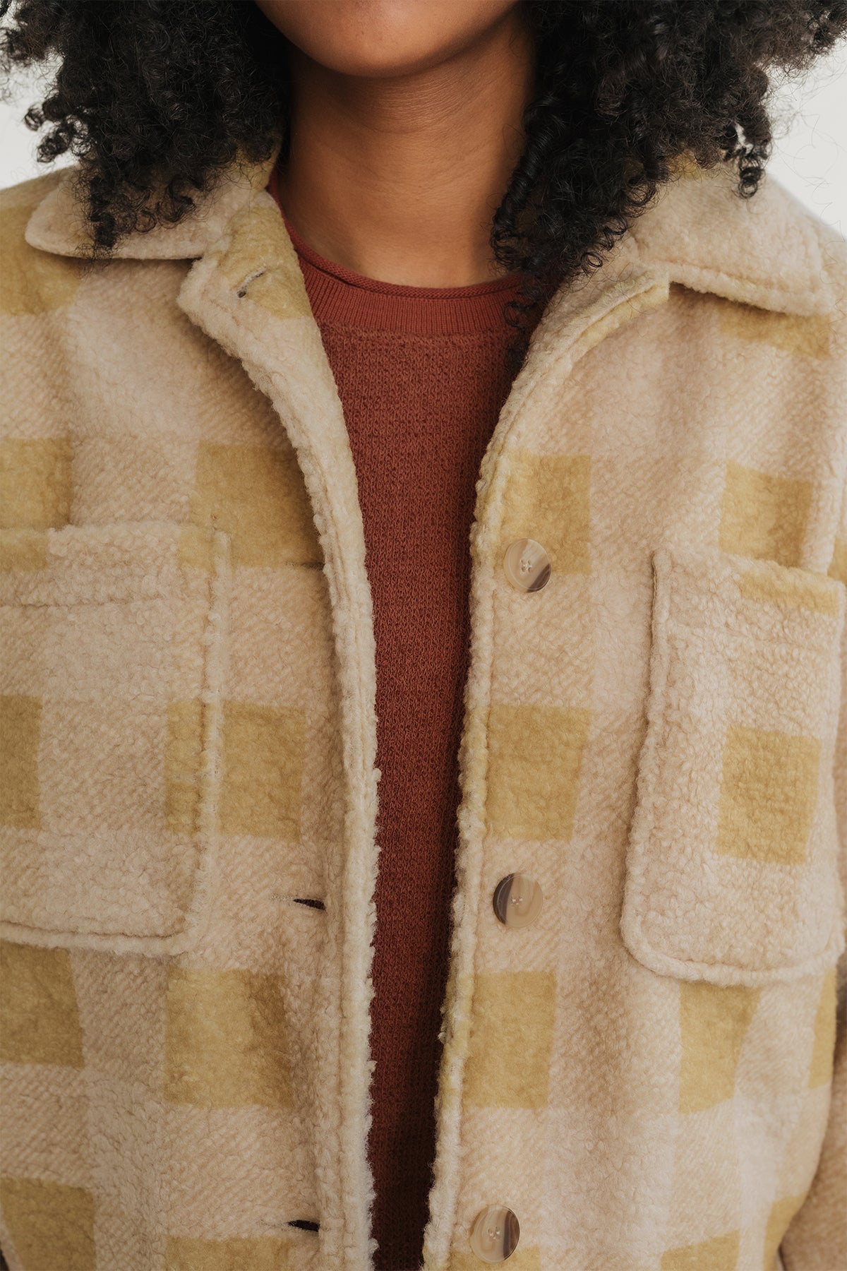 mustard chequered warm jacket with recycled paper buttons
