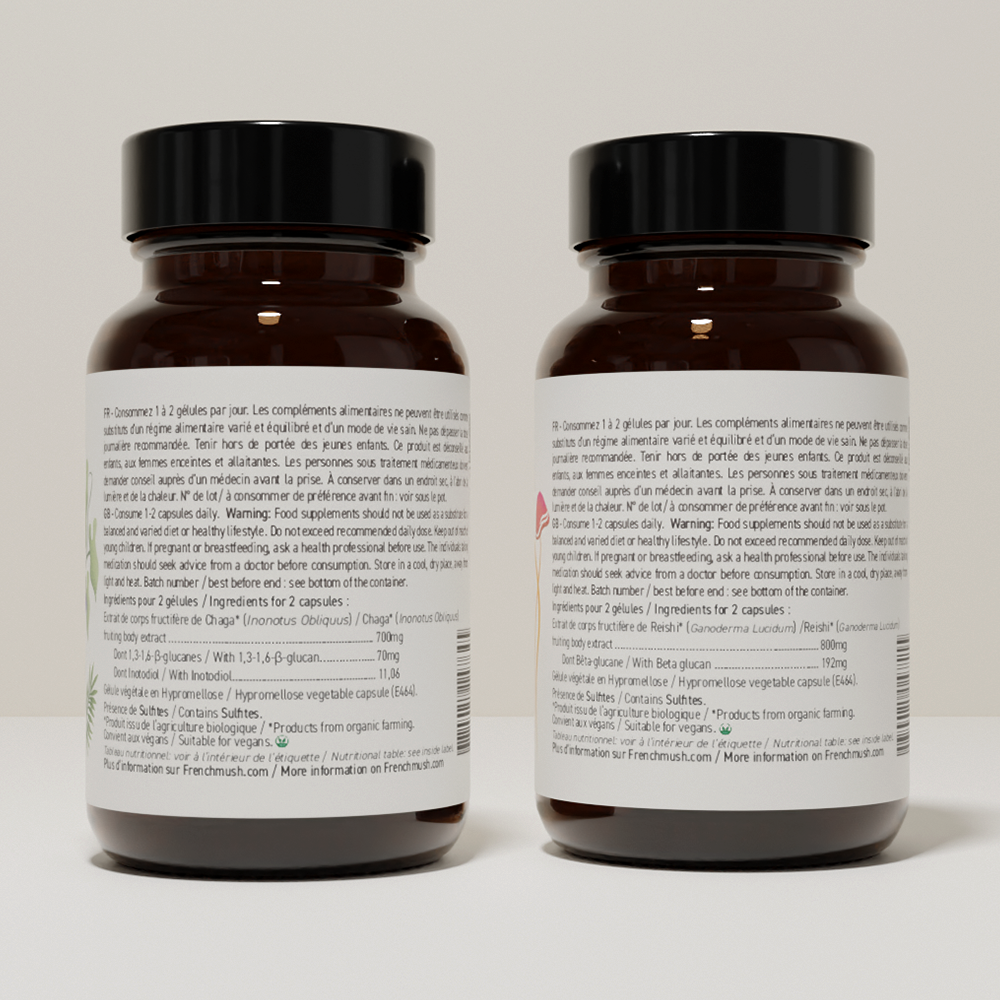 French Mush compléments alimentaires à base d'extraits de champignons médicinaux biologiques fabriqués en France Le pack Immunité et Sommeil Gélules Bio - gélules -