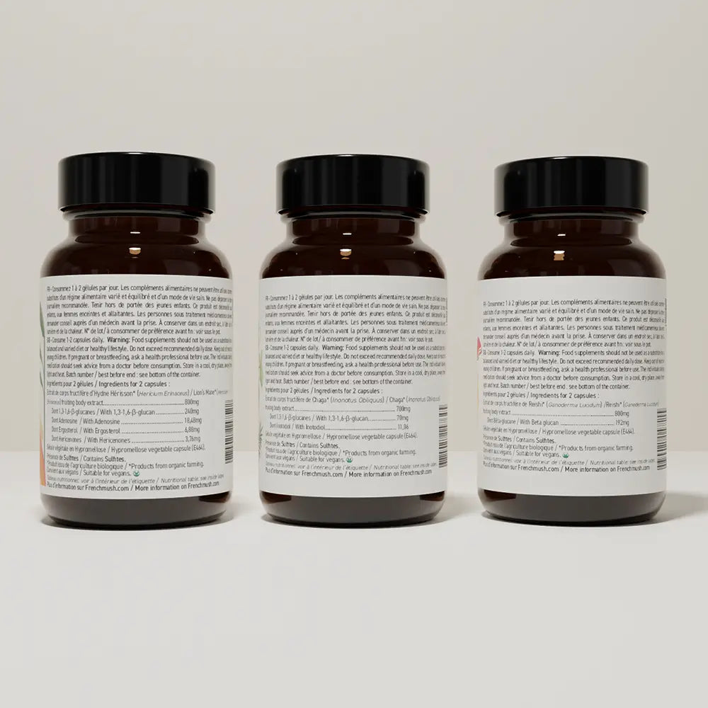 French Mush compléments alimentaires à base d'extraits de champignons médicinaux biologiques fabriqués en France Le pack Immunité et Stress Gélules Bio - gélules -