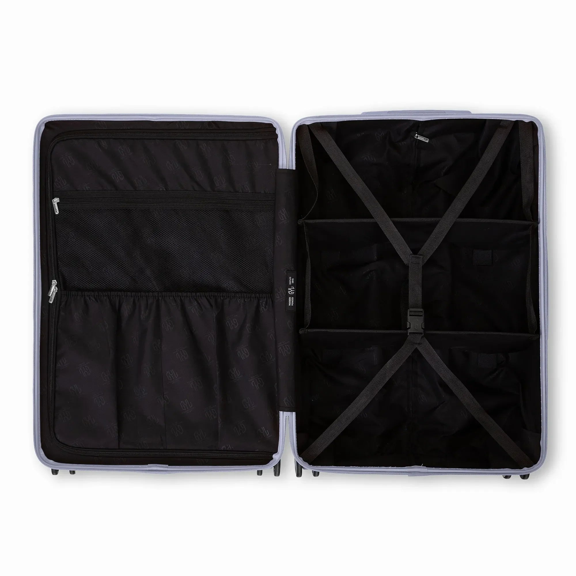 Intérieur compartimenté de la valise GYL Intemporelle argent avec sangles croisées et poches filet. #couleur_argent