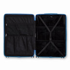Intérieur compartimenté de la valise GYL Intemporelle bleu grisé avec sangles croisées et poches filet. #couleur_bleu grisé