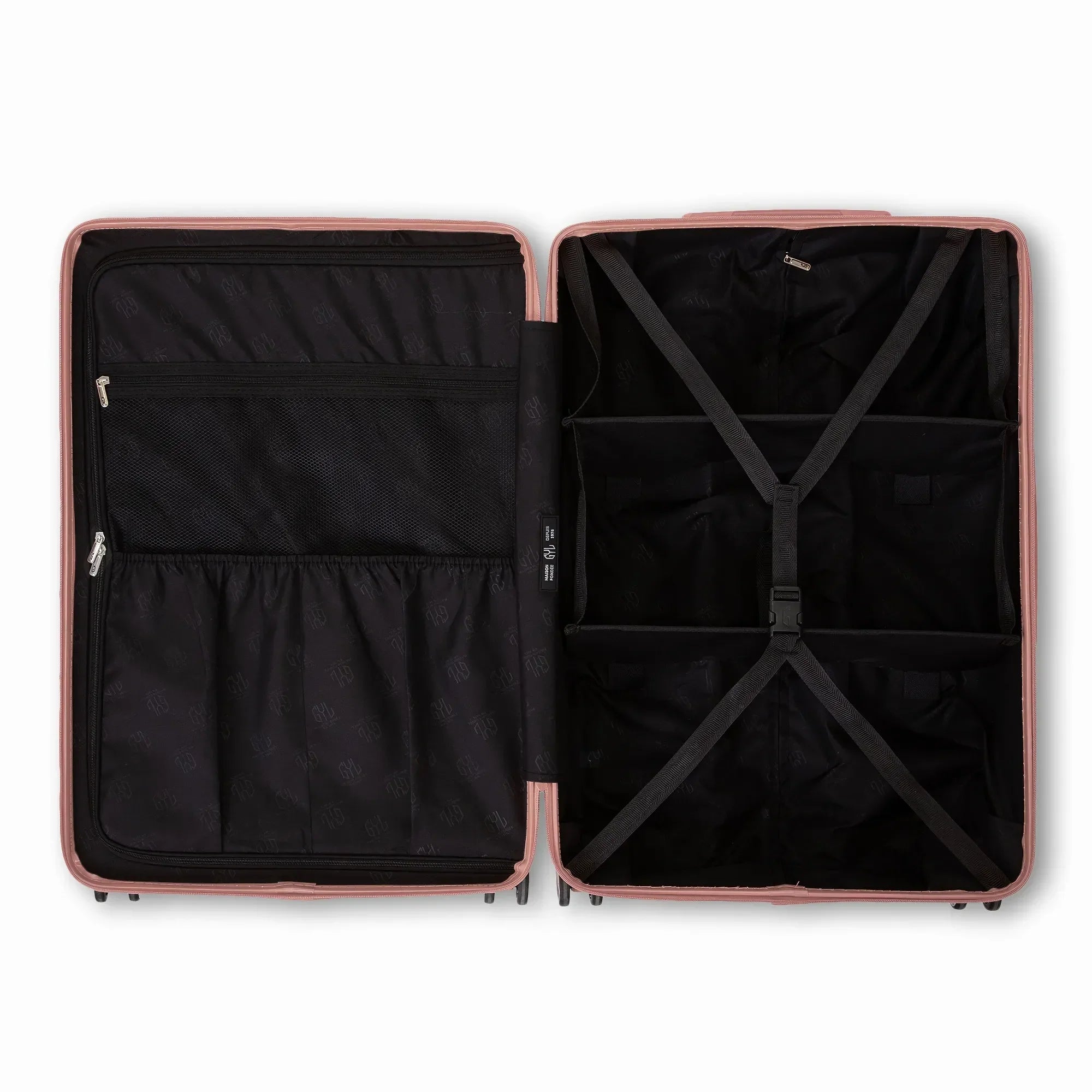 Intérieur compartimenté de la valise GYL Intemporelle rose gold avec sangles croisées et poches filet. #couleur_rose gold