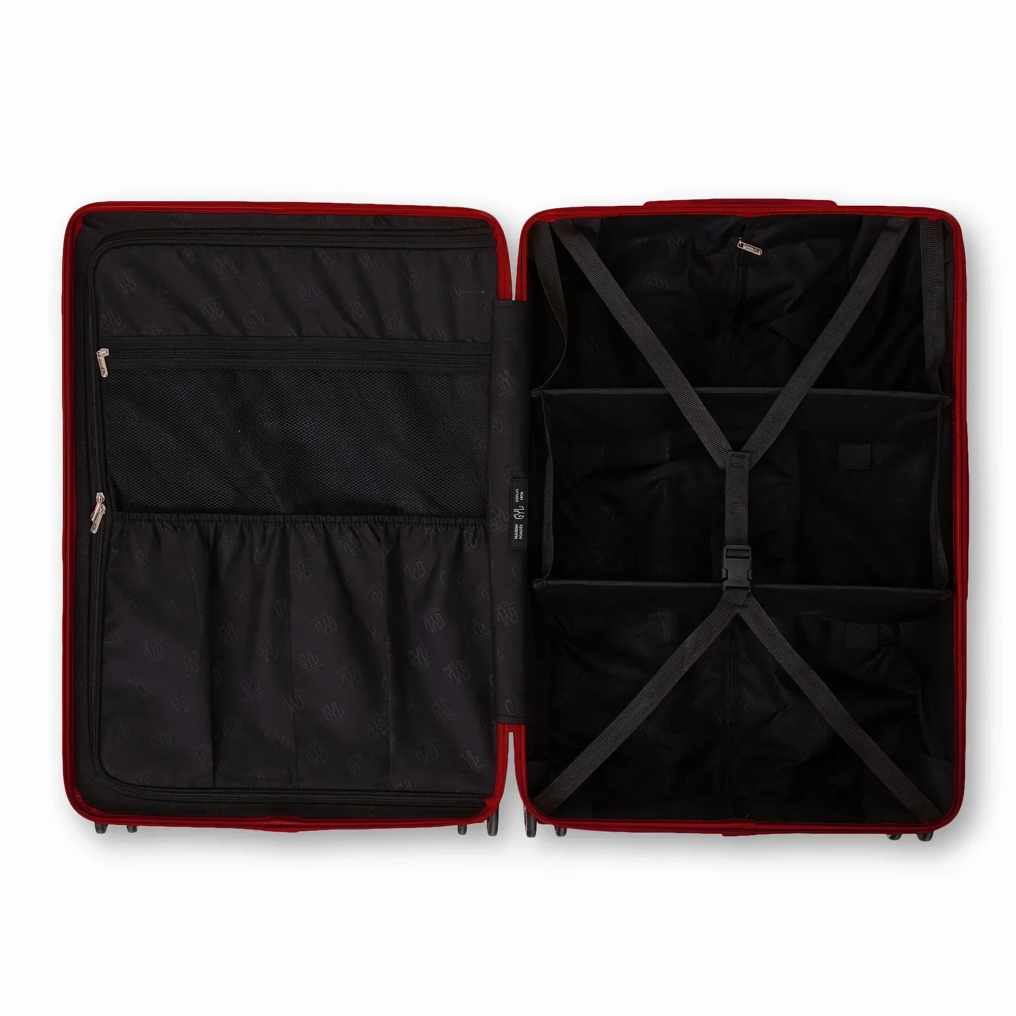 Intérieur compartimenté de la valise GYL Intemporelle rouge foncé avec sangles croisées et poches filet. #couleur_rouge foncé