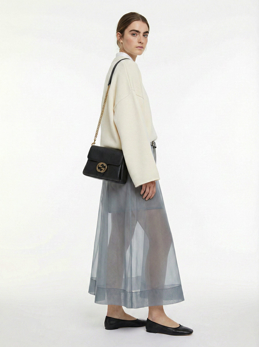 Sac Gucci Interlocking Mini Cuir Grainé Noir Chaîne Champagne