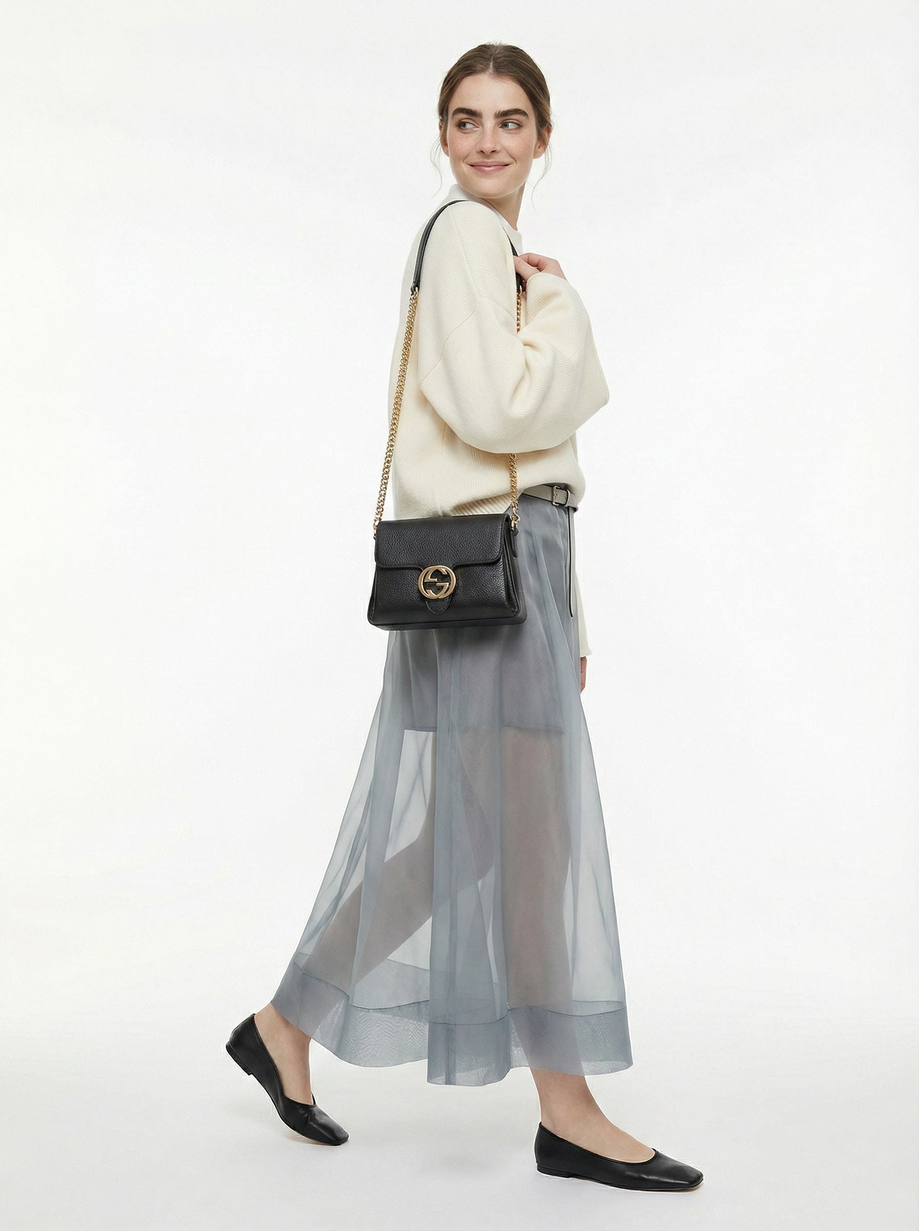 Sac Gucci Interlocking Mini Cuir Grainé Noir Chaîne Champagne
