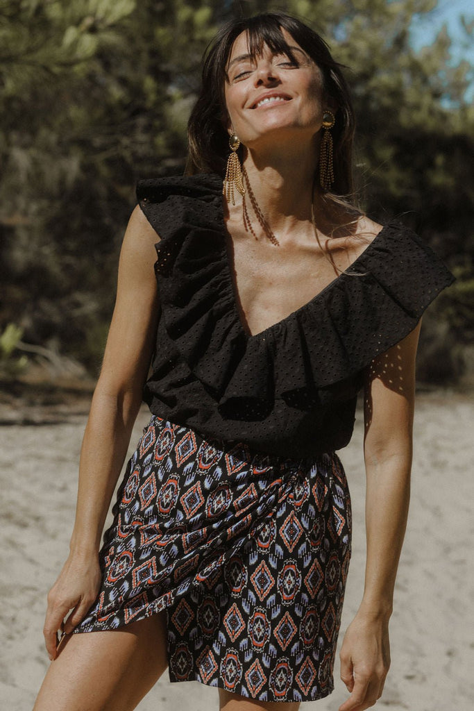 Jupe Carlitta Imprimé Eve Fond Noir - Multicolor - Plume Paris - The Bradery