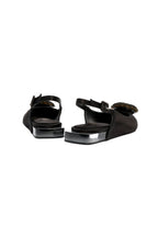 Kamilah Black Flat Slingback Ballerina featuring antique gold embroidery on black satin, with leather straps and transparent wedge.