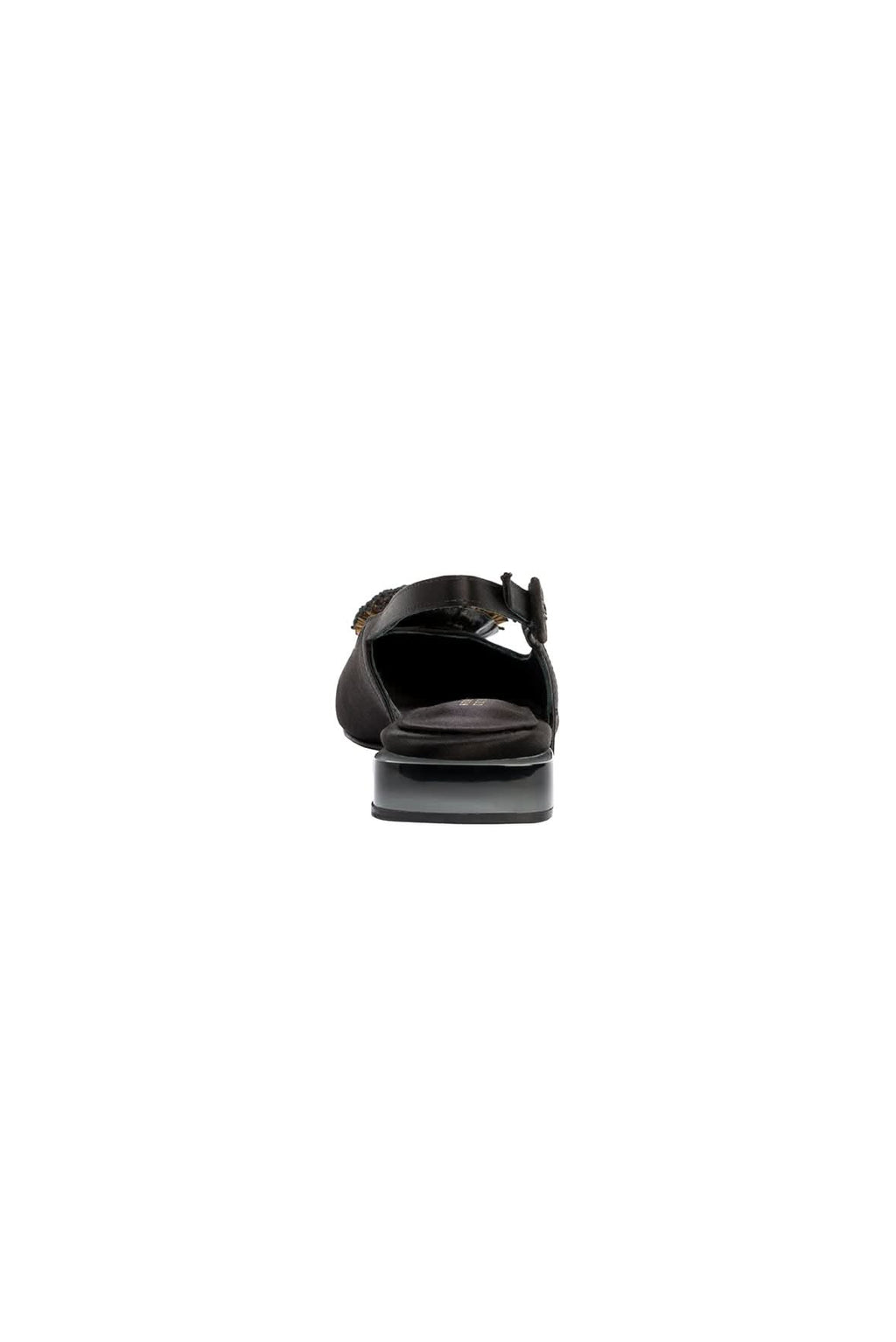 Back view of Kamilah Black Flat Slingback Ballerina featuring leather strap and transparent wedge.