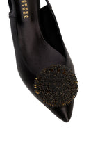 Kamilah Black Flat Slingback Ballerina featuring antique gold French knot embroidery on satin fabric.