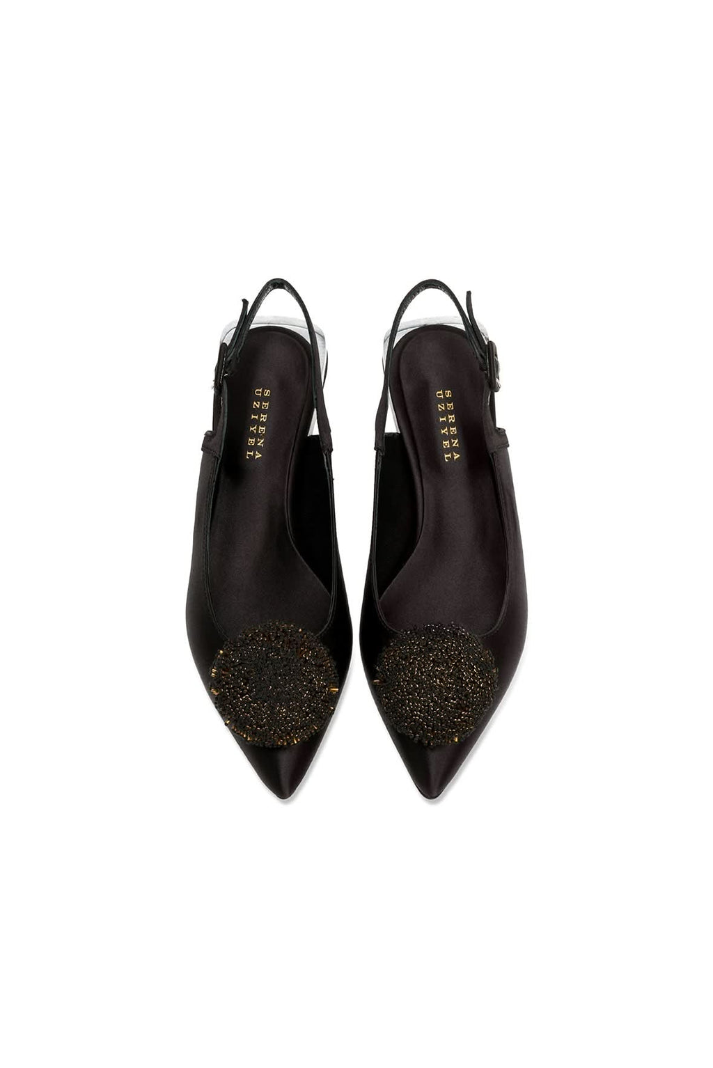 Kamilah Black Flat Slingback Ballerina featuring silk satin and antique gold embroidery detailing.