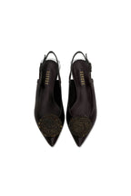 Kamilah Black Flat Slingback Ballerina featuring silk satin and antique gold embroidery detailing.