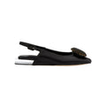 Kamilah Black Flat Slingback Ballerina in black satin with antique gold embroidery and transparent wedge.