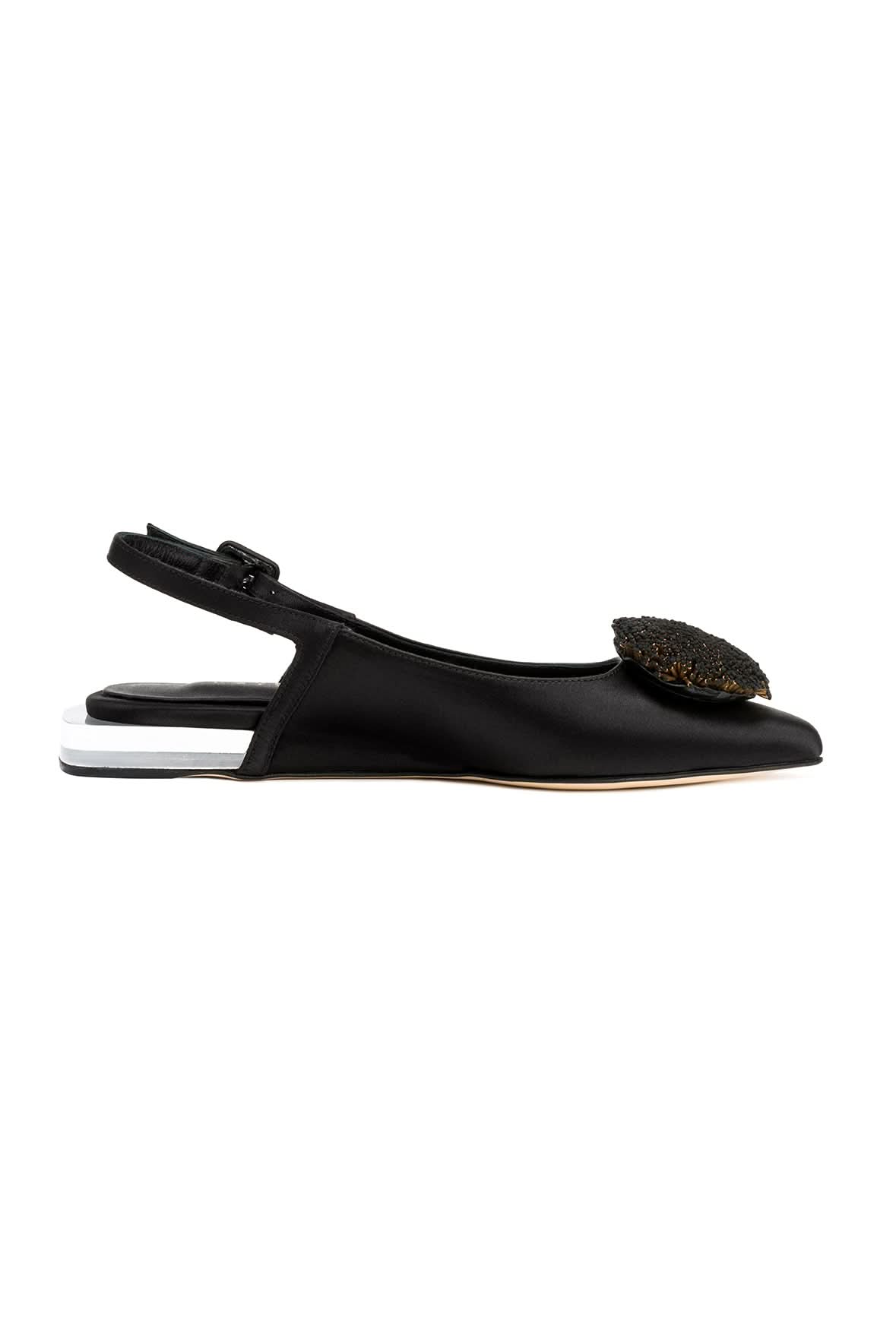 Kamilah Black Flat Slingback Ballerina with antique gold embroidery on black satin and transparent wedge.