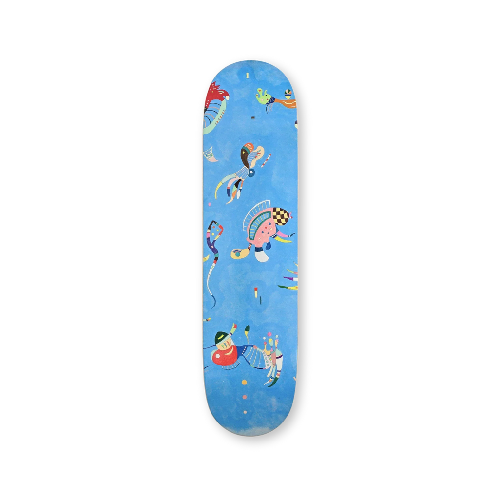 Sky Blue” solo skateboard deck by Wassily Kandinsky – featuring vibrant abstract forms on a soft blue field, part of THE SKATEROOM x Kandinsky collection.