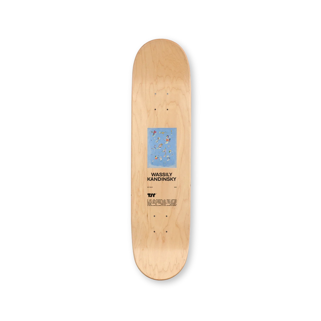 Top print of “Sky Blue” solo skateboard deck by Wassily Kandinsky – natural wood finish featuring a centered artwork reproduction, artist name, and THE SKATEROOM logo.