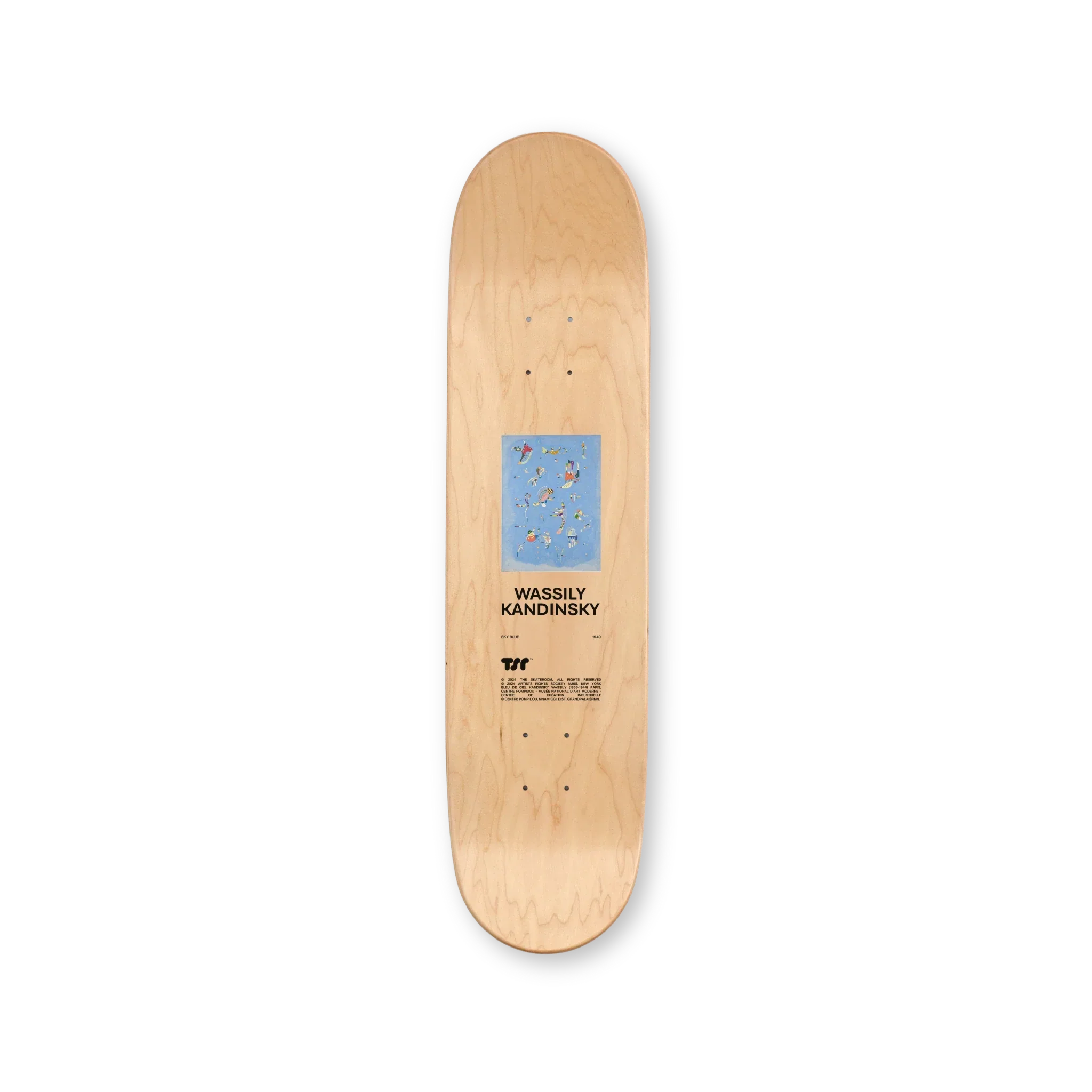 Top print of “Sky Blue” solo skateboard deck by Wassily Kandinsky – natural wood finish featuring a centered artwork reproduction, artist name, and THE SKATEROOM logo.