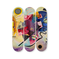 “Yellow-Red-Blue” triptych skateboard deck set by Wassily Kandinsky – three-deck composition featuring a vivid, abstract symphony of shapes and color fields. Part of THE SKATEROOM x Kandinsky collection supporting skate and education projects worldwide.